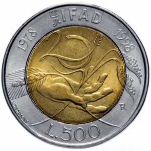 Реверс монеты Италия, 500 лир, 1998, 20 лет IFAD