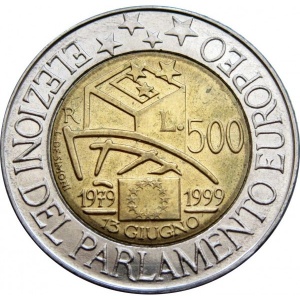 Реверс монеты Италия, 500 лир, 1999, 20 лет Европейскому парламенту