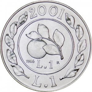 Реверс монеты Италия, 1 лира, 2001, История лиры - лира 1946 года