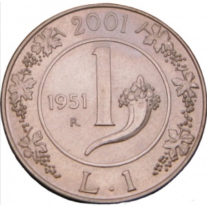 Реверс монеты Италия, 1 лира, 2001, История лиры - лира 1951 года