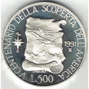 Реверс монеты Италия, 500 лир, 1991, 500 лет открытию Америки