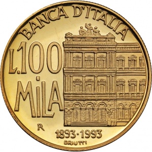 Реверс монеты Италия, 100.000 лир, 1993, 100 лет банку Италии