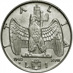 Реверс монеты Италия, 1 лира, 1939-1940