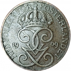 Аверс монеты Швеция, 1 эре, 1909