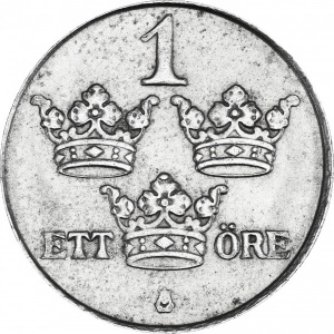 Реверс монеты Швеция, 1 эре, 1942-1950