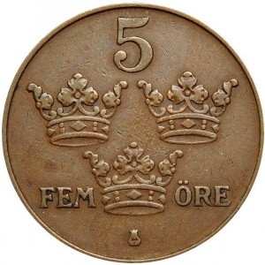 Реверс монеты Швеция, 5 эре, 1909-1950