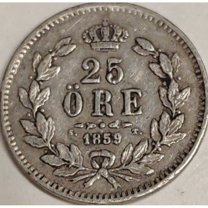 Реверс монеты Швеция, 25 эре, 1855-1859