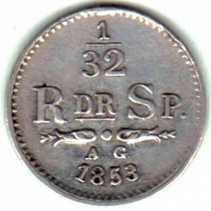Реверс монеты Швеция, 1/32 риксдалера спесие, 1852-1853