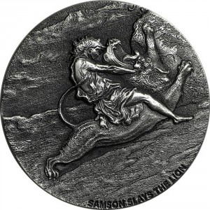 Реверс монеты Ниуэ, 2 доллара, 2019, Библия - Самсон убивает льва