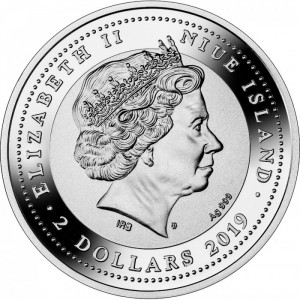 Аверс монеты Ниуэ, 2 доллара, 2019, Величественный синий павлин