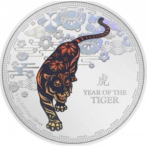 Реверс монеты Ниуэ, 2 доллара, 2022, Китайский гороскоп - год тигра, Цветное покрытие