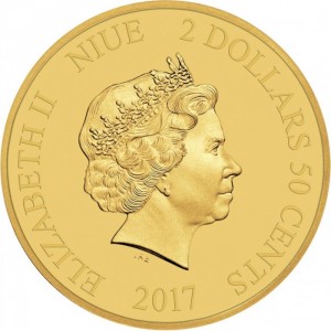 Аверс монеты Ниуэ, 2 доллара 50 центов, 2017, Микки Маус - Галопом на страусе
