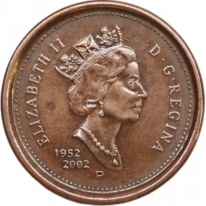 Аверс монеты Канада, 1 цент, 2002, 50 лет правлению Королевы Елизаветы II