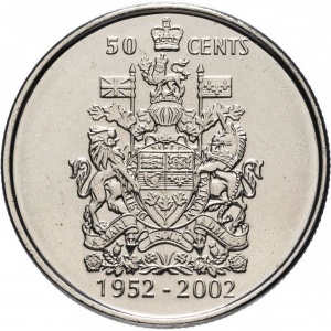 Реверс монеты Канада, 50 центов, 2002, 50 лет правлению Королевы Елизаветы II /1952-2002/