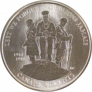Реверс монеты Канада, 25 центов, 2008, 90 лет окончанию Первой мировой войны, Чтобы мы не забыли