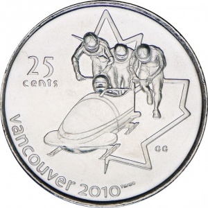 Реверс монеты Канада, 25 центов, 2008, XXI зимние Олимпийские Игры, Ванкувер 2010 - Бобслей