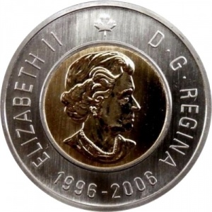 Аверс монеты Канада, 2 доллара, 2006, 10 лет с начала чекана монет 2 доллара /дата внизу/