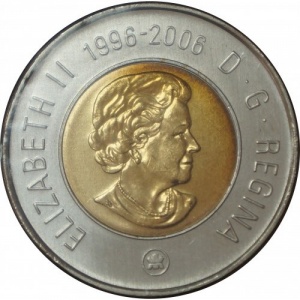 Аверс монеты Канада, 2 доллара, 2006, 10 лет с начала чекана монет 2 доллара /даты вверху/
