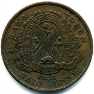 Реверс монеты Канада, ½ пенни, 1837, "City Bank" на ленте