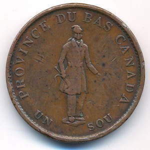 Аверс монеты Канада, ½ пенни, 1837, "Quebec Bank" на ленте