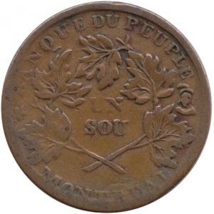 Реверс монеты Канада, 1 су, 1837, Banque du Peuple Montreal