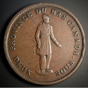 Аверс монеты Канада, 1 пенни, 1837, Стоящая фигура, "City Bank" на ленте