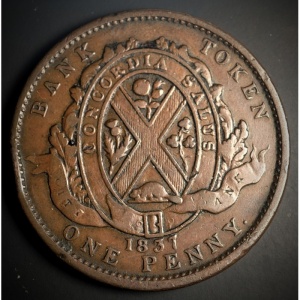 Реверс монеты Канада, 1 пенни, 1837, Стоящая фигура, "City Bank" на ленте