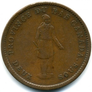 Аверс монеты Канада, 1 пенни, 1837, Стоящая фигура, "Quebec Bank" на ленте