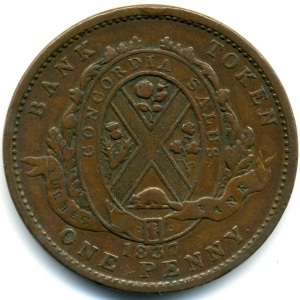 Реверс монеты Канада, 1 пенни, 1837, Стоящая фигура, "Quebec Bank" на ленте