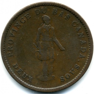 Аверс монеты Канада, 1 пенни, 1837, Стоящая фигура, "Banque du Peuple" на ленте