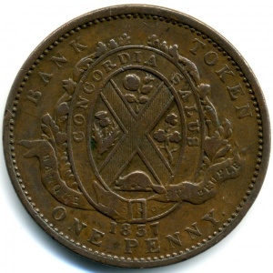 Реверс монеты Канада, 1 пенни, 1837, Стоящая фигура, "Banque du Peuple" на ленте