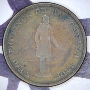 Аверс монеты Канада, 1 пенни, 1837, Стоящая фигура, "Bank of Montreal" на ленте