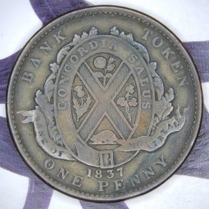 Реверс монеты Канада, 1 пенни, 1837, Стоящая фигура, "Bank of Montreal" на ленте