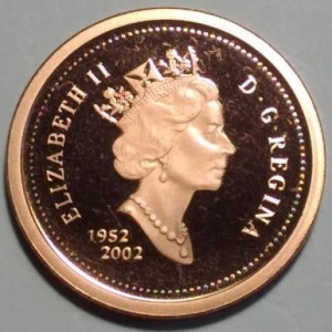 Аверс монеты Канада, 1 цент, 2002, 50 лет правлению Королевы Елизаветы II