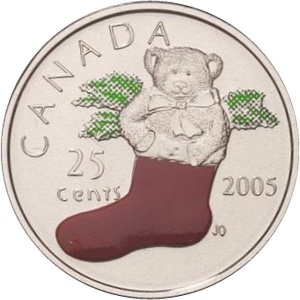 Реверс монеты Канада, 25 центов, 2005, Медведь в рождественском носке