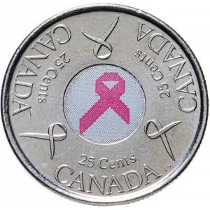 Реверс монеты Канада, 25 центов, 2006, Розовая ленточка - Борьба с раком молочной железы