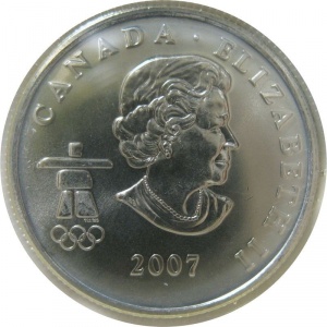 Аверс монеты Канада, 25 центов, 2007, XXI зимние Олимпийские Игры, Ванкувер 2010 - Горные лыжи, Цветное покрытие