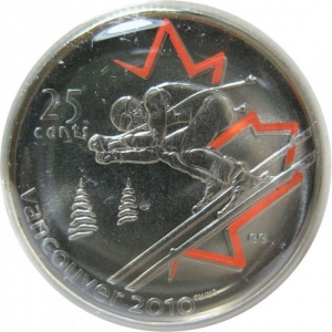 Реверс монеты Канада, 25 центов, 2007, XXI зимние Олимпийские Игры, Ванкувер 2010 - Горные лыжи, Цветное покрытие