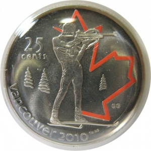 Реверс монеты Канада, 25 центов, 2007, XXI зимние Олимпийские Игры, Ванкувер 2010 - Биатлон, Цветное покрытие