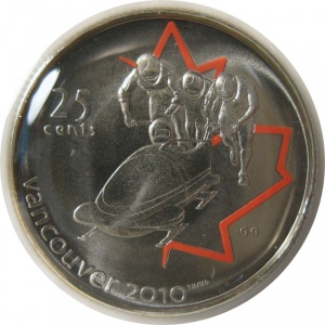 Реверс монеты Канада, 25 центов, 2008, XXI зимние Олимпийские Игры, Ванкувер 2010 - Бобслей, Цветное покрытие