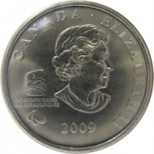 Аверс монеты Канада, 25 центов, 2009, X зимние Паралимпийские Игры, Ванкувер 2010 - Хоккей на санях, Цветное покрытие