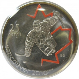 Реверс монеты Канада, 25 центов, 2009, X зимние Паралимпийские Игры, Ванкувер 2010 - Хоккей на санях, Цветное покрытие