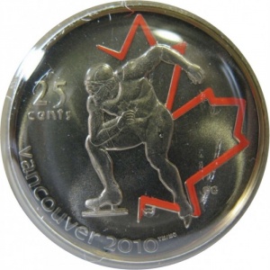 Реверс монеты Канада, 25 центов, 2009, XXI зимние Олимпийские Игры, Ванкувер 2010 - Конькобежный спорт, Цветное покрытие