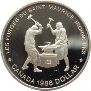 Реверс монеты Канада, 1 доллар, 1988, 250 лет кузницам Сен-Мориса