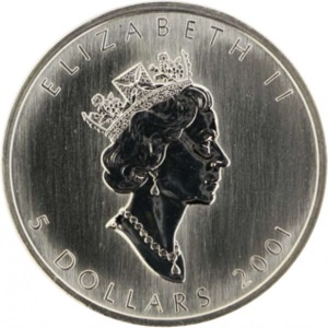 Аверс монеты Канада, 5 долларов, 2001, Осенний кленовый лист /желтый/
