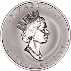 Аверс монеты Канада, 5 долларов, 2001, Кленовый лист /голограмма/