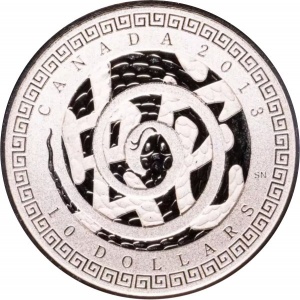 Реверс монеты Канада, 10 долларов, 2013, Китайский гороскоп - Год змеи /Свернувшаяся змея в центре/