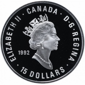 Аверс монеты Канада, 15 долларов, 1992, 100 лет Олимпийским играм /бег/