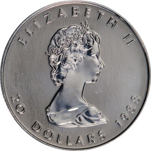 Аверс монеты Канада, 20 долларов, 1988-1989, Кленовый лист