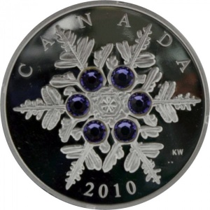 Реверс монеты Канада, 20 долларов, 2010, Снежинка /с фиолетовыми кристаллами танзанита/